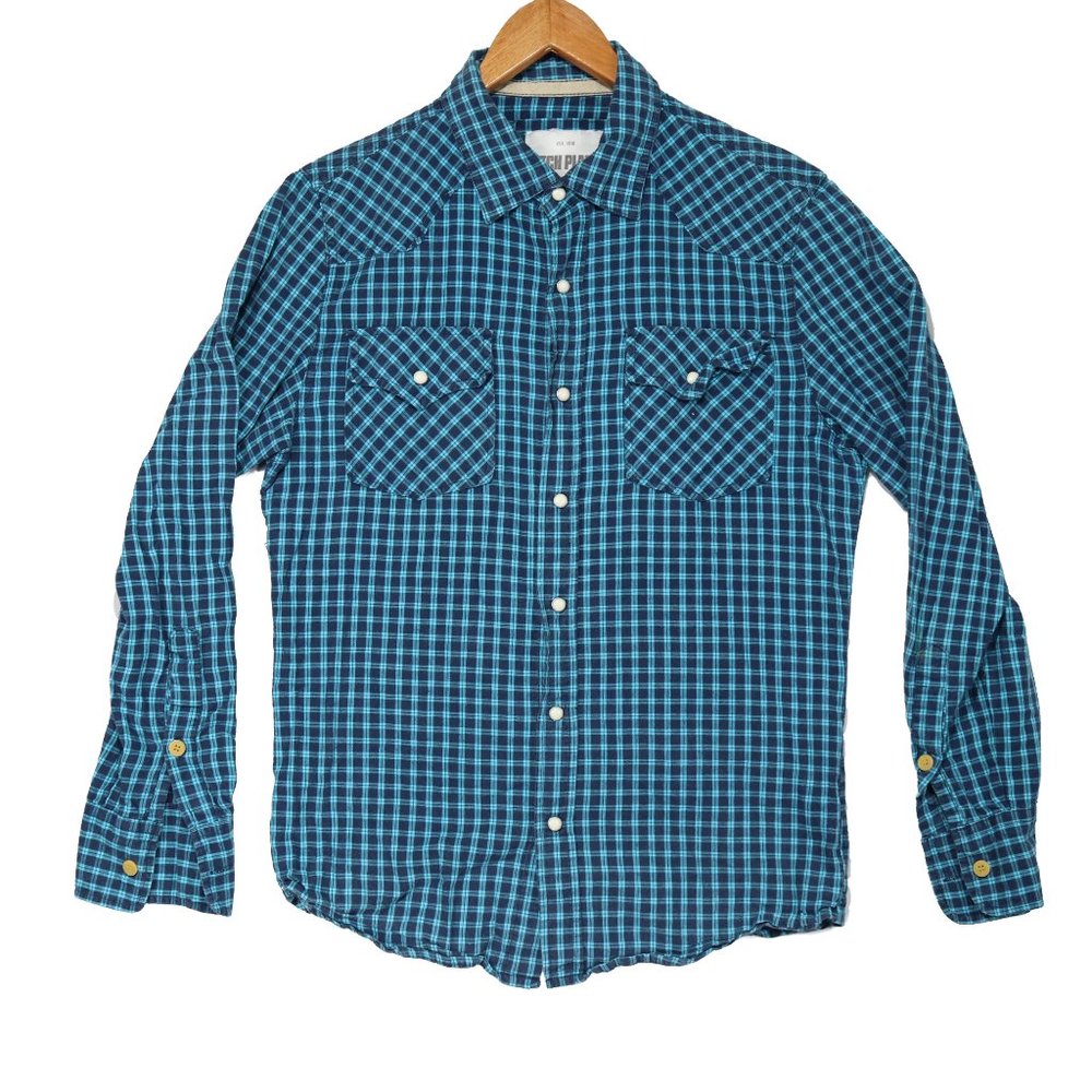 Ditch Plains Men's Blue Plaid Snap Button Shirt